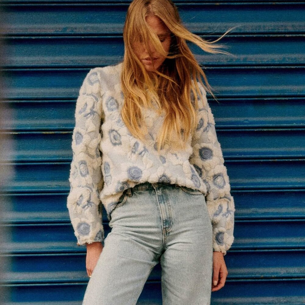 Sezane Blue and Cream Floral Sweater